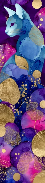 Cat bookmarks featuring a blue cat sitting on gold pink and purple